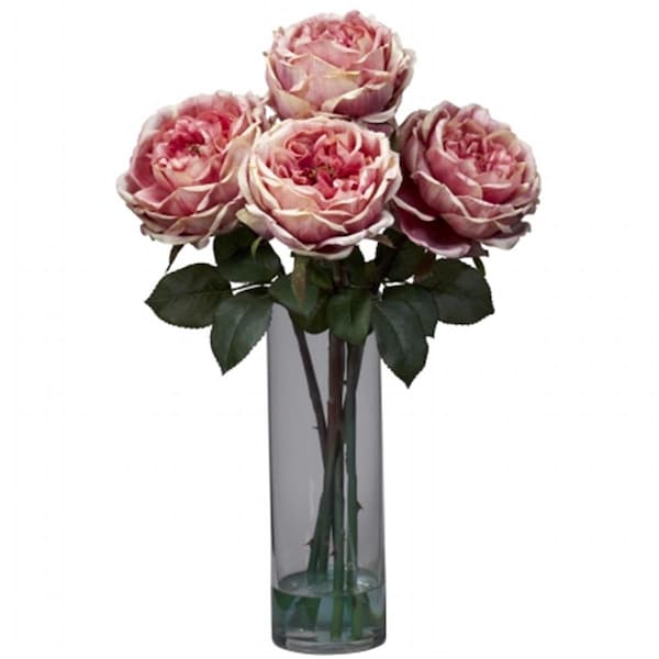 Nearly Natural Fancy Rose with Cylinder Vase Silk Flower Arrangement, 1247PK - 1247-PK
