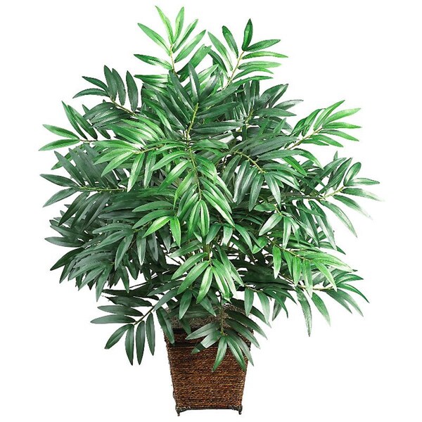 Nearly Natural Bamboo Palm with Wood Wicker Basket Silk Plant- Green - 6556
