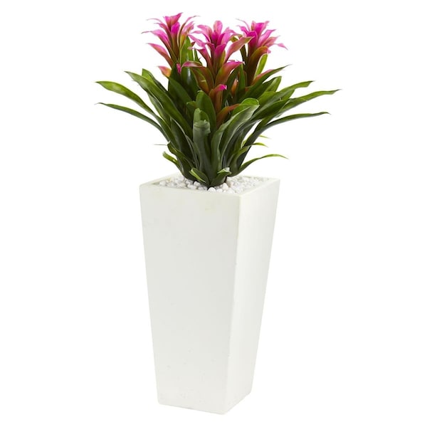 Nearly Natural Triple Bromeliad Artificial Plant in White Tower Planter, Purple - 6372-PP