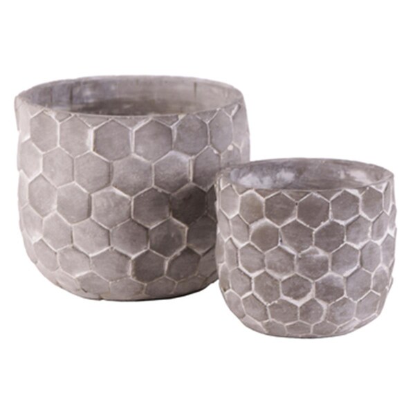 Urban Trends Collection Cement Round Pot with Hexagonal Lattice Pattern Design Body, Washed Concrete, Gray, 2PK - 56001