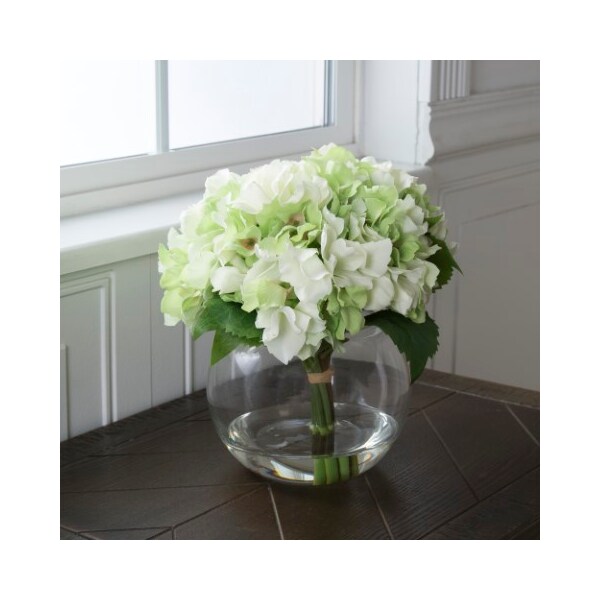 Nature Spring Hydrangea Floral Arrangement in Vase, 5 Green Artificial Flowers with Leaves in Clear Glass Bowl - 106682TMN
