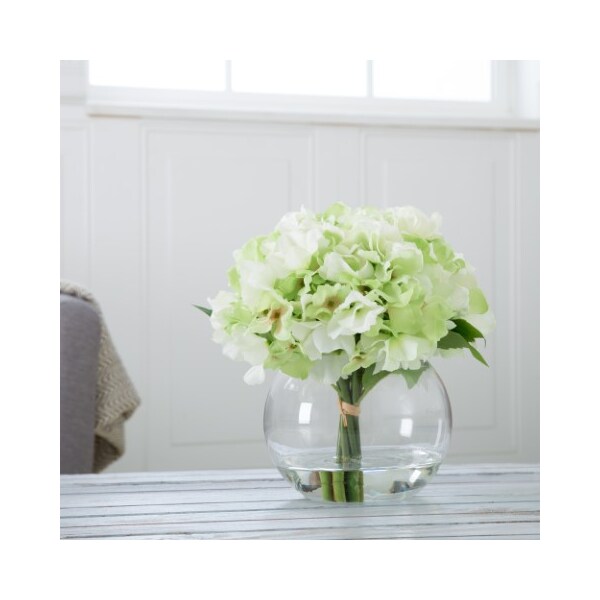 Nature Spring Hydrangea Floral Arrangement in Vase, 5 Green Artificial Flowers with Leaves in Clear Glass Bowl - 106682TMN