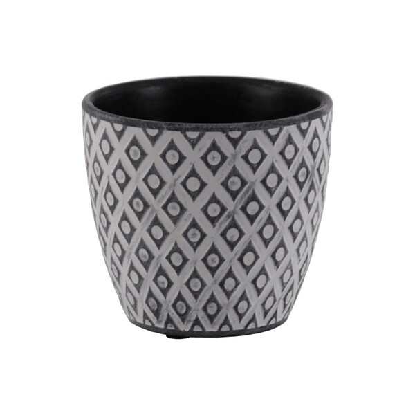 H2H Cement Round Pot with Diamond Design Body & Tapered Bottom, Washed Concrete & Black - H22503161