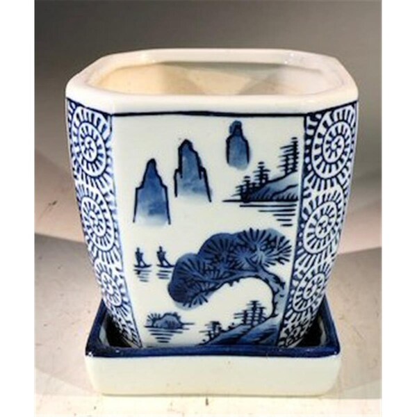 Paisaje 4 x 4 x 4 in. Porcelain Bonsai Pot with Attached Humidity Drip Tray, Blue & White - Square - PA2529834