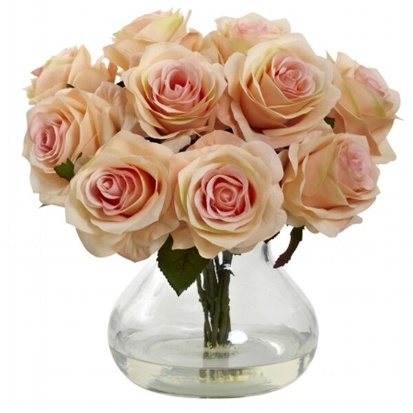 Nearly Natural Rose Arrangement With Vase - Peach - 1367-PH