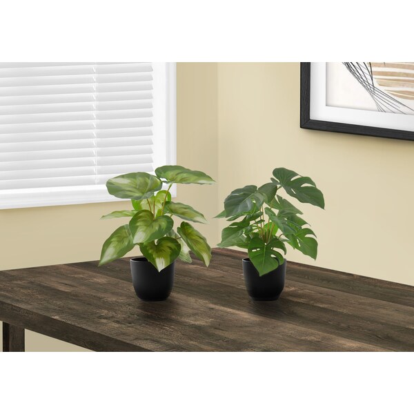 Monarch Specialties Artificial Plant, 13" Tall, Monstera Calthea, Indoor, Faux, Fake, Table, Greenery, Potted, Set Of 2 - I 9584