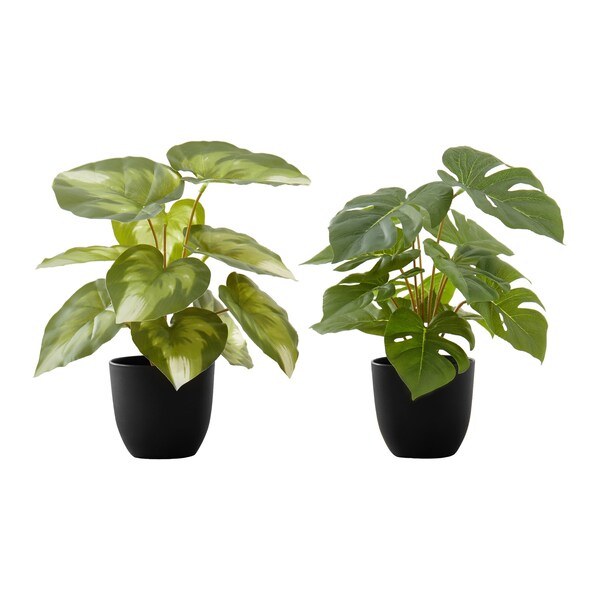 Monarch Specialties Artificial Plant, 13" Tall, Monstera Calthea, Indoor, Faux, Fake, Table, Greenery, Potted, Set Of 2 - I 9584