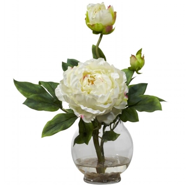 Nearly Natural Peony with Fluted Vase Silk Flower Arrangement - 1278-WH