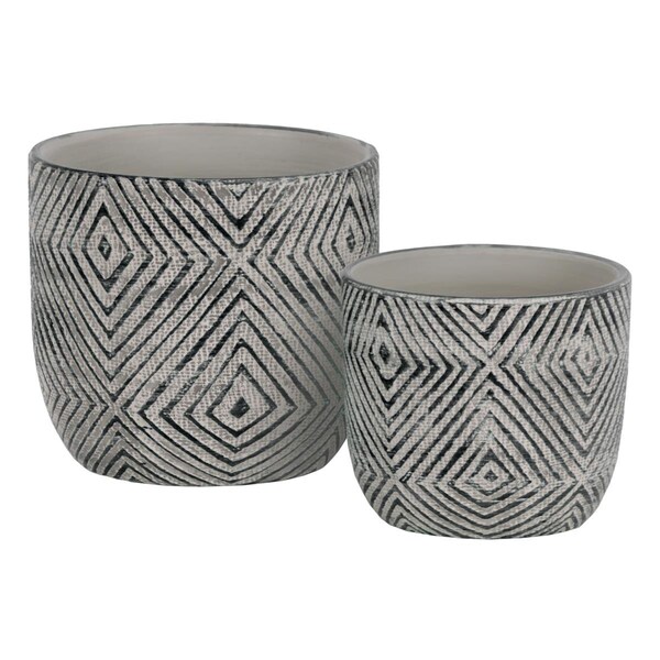 H2H Terracotta Round Planter with Lattice Diamond Design Body, Painted & Black - H22674299