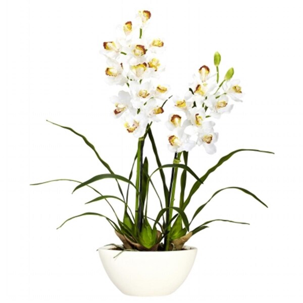 Nearly Natural Cymbidium with White Vase Silk Flower Arrangement - 4803