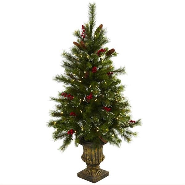 Nearly Natural 4 and rsquo; Christmas Tree with Berries- Pine Cones- LED Lights and Decorative Urn - 5371