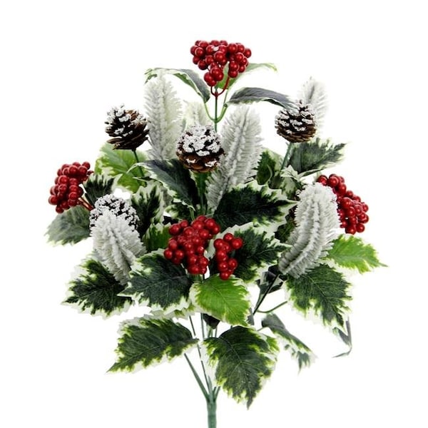 Adlmired By Nature Admired by Nature GPB7811-SNOW Faux Holly Leaves Berries Pinecone Snow Christmas Bush; Snow - GPB7811-SNOW