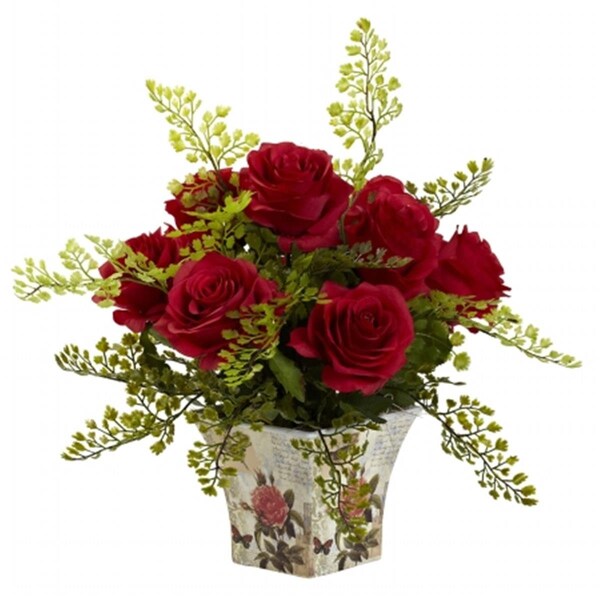 Nearly Natural Rose and Maiden Hair With Floral Planter - Red - 1379-RD
