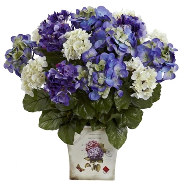 Nearly Natural Mixed Hydrangea With Floral Planter - Blue Purple - 1378-BP