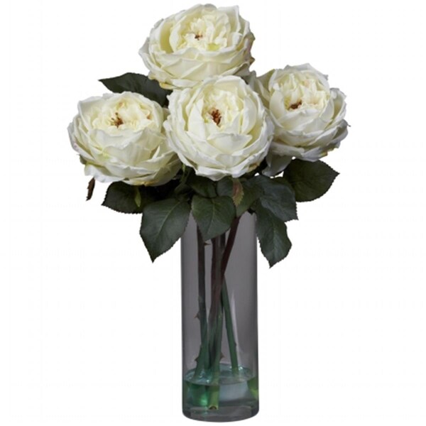 Nearly Natural Fancy Rose with Cylinder Vase Silk Flower Arrangement - 1247-WH