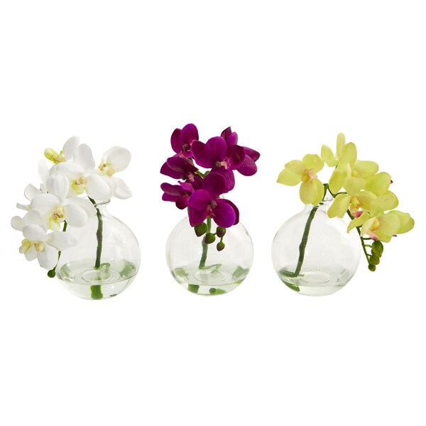 Nearly Natural 9 in. Phalaenopsis Orchid Artificial Arrangement in Vase - Set of 3 - 4208-S3