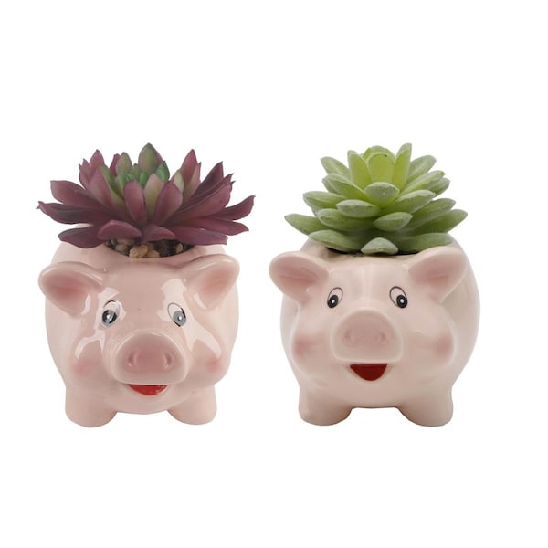 Flora Bunda Faux Succulent in 4.8' Small Pink Pig  Ceramic Planter, Set of 2 - CS2640E2-PK
