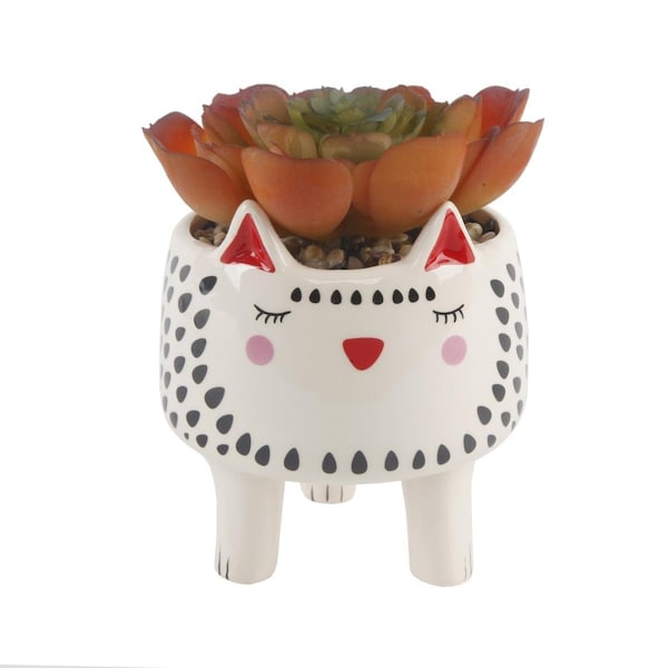 Flora Bunda Faux Succulent in 4.75' Small White Cat Ceramic Planter - CS2634E-WH