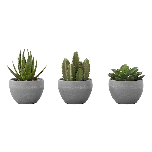 Monarch Specialties Artificial Plant, 6" Tall, Succulent, Indoor, Faux, Fake, Table, Greenery, Potted, Set Of 3 - I 9587