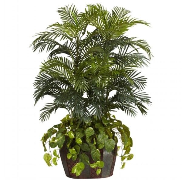 Nearly Natural 4.5 in. Double Areca with Vase and Pothos Silk Plant - 6634