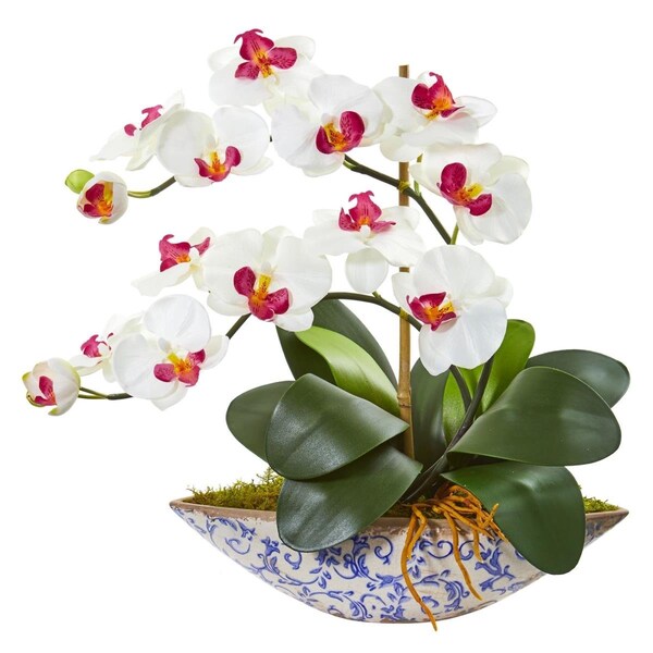 Nearly Naturals Phalaenopsis Orchid Artificial Arrangement in Vase - White - 1874-WH