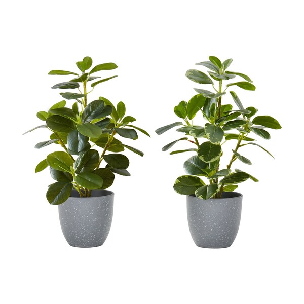 Monarch Specialties Artificial Plant, 14'' Tall, Ficus, Indoor, Fake, Decorative, Green Leaves, Grey Pots, 2PK - I 9558