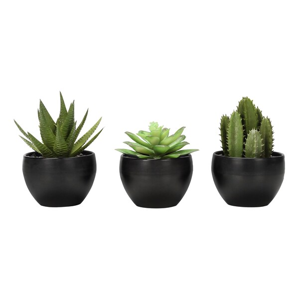 Monarch Specialties Artificial Plant, 6'' Tall, Succulent, Indoor, Faux, Decorative, Green Plants, Black Pots, 3PK - I 9556