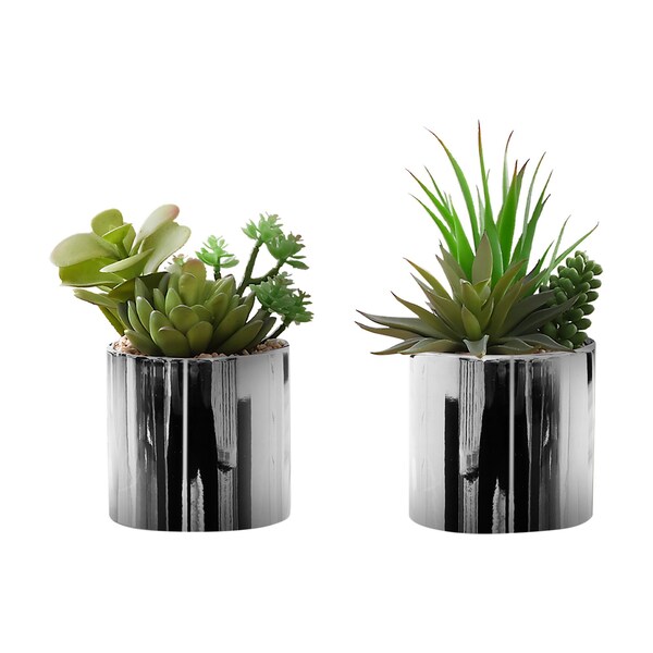 Monarch Specialties Artificial Plant, 7'' Tall, Succulent, Indoor, Fake, Decorative, Green Plants, Chrome Pots, 2PK - I 9550