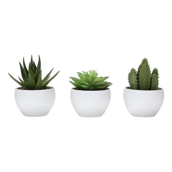 Monarch Specialties Artificial Plant, 6'' Tall, Succulent, Indoor, Faux, Decorative, Green Plants, White Pots, 3PK - I 9555