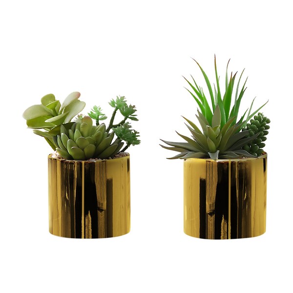 Monarch Specialties Artificial Plant, 7'' Tall, Succulent, Indoor, Fake, Decorative, Green Plants, Glossy Gold Pots, 2PK - I 9553