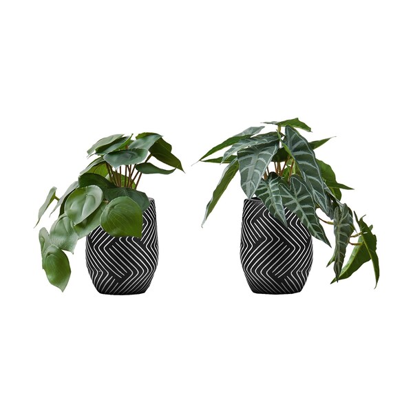 Monarch Specialties Artificial Plant, 8'' Tall, Alocasia, Indoor, Fake, Decorative, Green Leaves, Blk Cement Pots, 2PK - I 9559