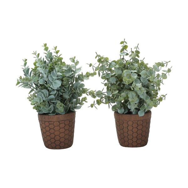 Monarch Specialties Artificial Plant, 13'' Tall, Eucalyptus Grass, Indoor, Fake, Decorative, Brown Pots, 2PK - I 9560