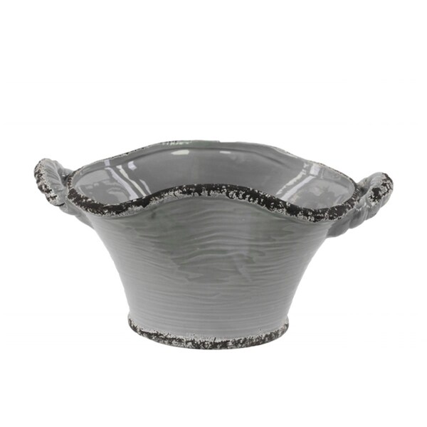 Urban Trends Collection Ceramic Stadium Shaped Tapered Tuscan Pot with Handles - Distressed Gloss Grey- Small - 31815