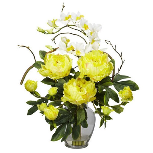 Dare2Decor 21.5 in. H Yellow Peony and Orchid Silk Flower Arrangement - DA275644