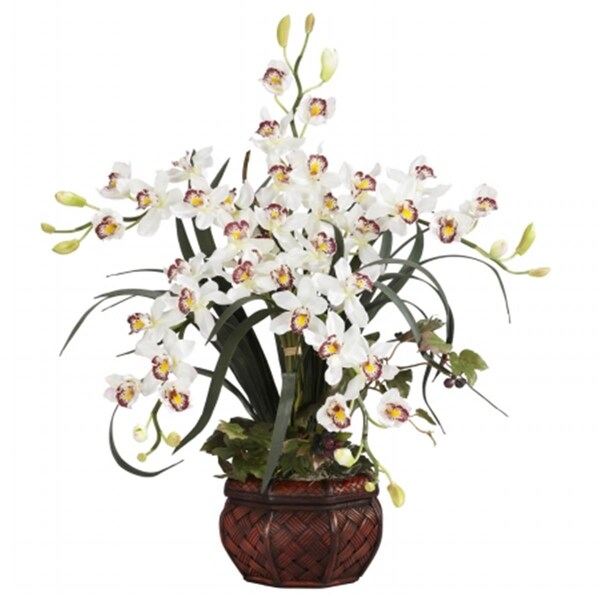 Nearly Natural Cymbidium with Decorative Vase Silk Arrangement - 1245-WH