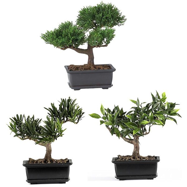 Nearly Natural 8.5 inch Bonsai Silk Plant Collection- Set of 3 - Green - 4122