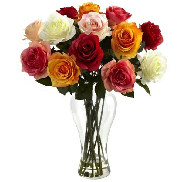 Nearly Natural Assorted Blooming Roses with Vase - 1348-AS