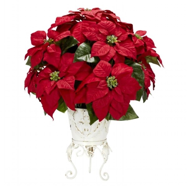 Nearly Natural Poinsettia with Metal Planter Silk Flower Arrangement - 1267