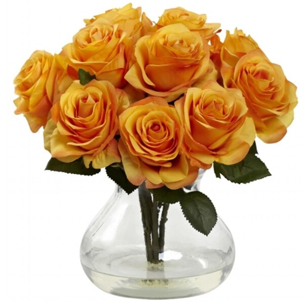 Nearly Natural Rose Arrangement With Vase - Orange Yellow - 1367-OY
