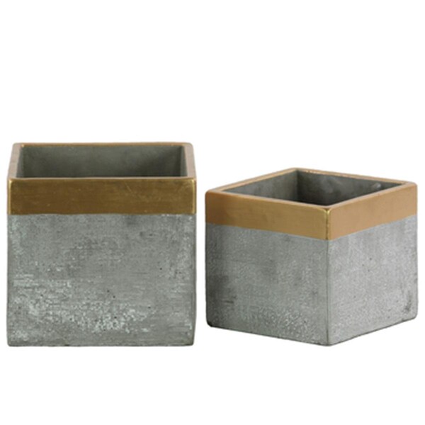 H2H Cement Square Flower Pot with Gold Painted Banded Rim Top, Gray - H22484780