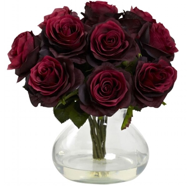 Nearly Natural Rose Arrangement With Vase - Burgundy - 1367-BG