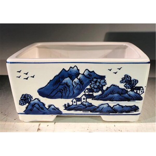 Paisaje 8.5 x 6.5 x 4 in. Porcelain Bonsai Pot, Blue & White - Rectangle - PA2529832