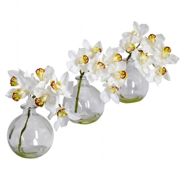 Nearly Natural Cymbidium with Vase Silk Flower Arrangement -Set of 3, 3PK - 4797
