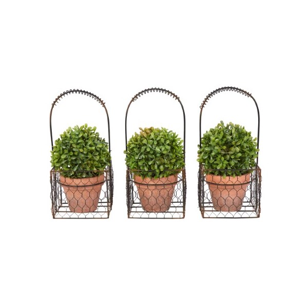 Hastings Home Set of 3 Faux Boxwood 9.5-inch Tall Topiary Arrangements in Decorative Metal, Indoor Home or Office - 718727DFM