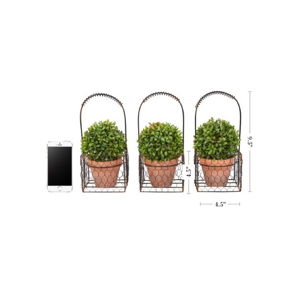 Hastings Home Set of 3 Faux Boxwood 9.5-inch Tall Topiary Arrangements in Decorative Metal, Indoor Home or Office - 718727DFM