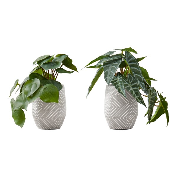 Monarch Specialties Artificial Plant, 8" Tall, Alocasia, Indoor, Faux, Fake, Table, Greenery, Potted, Set Of 2 - I 9582