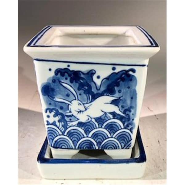 Paisaje Porcelain Bonsai Pot with Attached Humidity Drip Tray, Blue & White - Square - PA2529757
