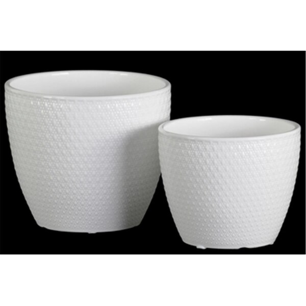 H2H Ceramic Round Pot with Embossed Lattice Cross Design Body & Tapered Bottom, White - H22495497