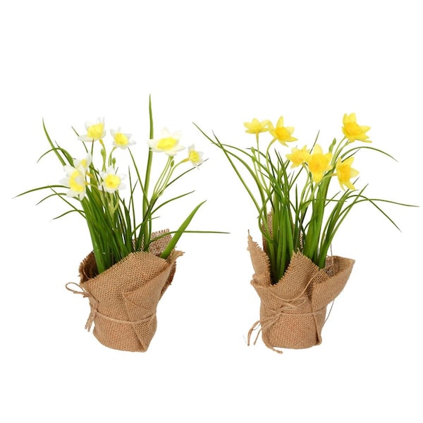 Vickerman 10 in. Green & Yellow Daffodil Burlap Pot - FJ181201