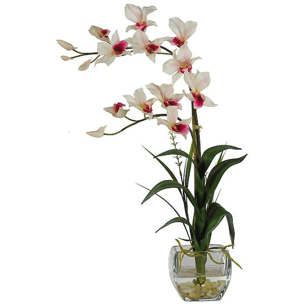 Nearly Natural Dendrobium with Glass Vase Silk Flower Arrangement- White - 1135-WH